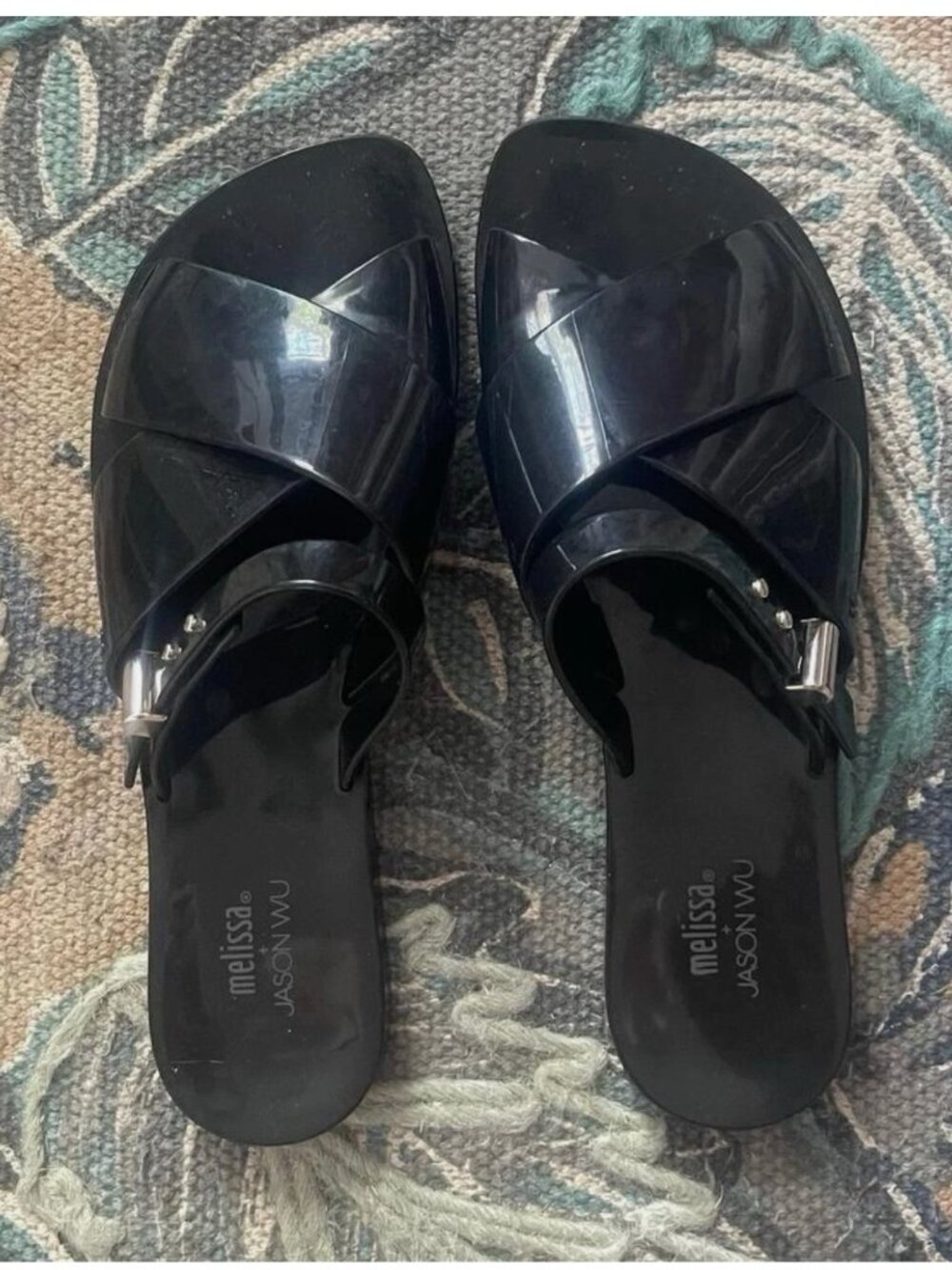 Melissa + Jason Wu Black Slip On Buckle Flat Criss Cross Sandals size 7